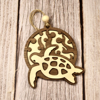 Handmade 3-Layer Wood Ornament – Rustic Basswood & Walnut - Sea Turtle, meaningful handmade piece by 606
