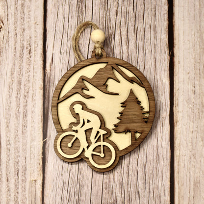 Handmade 3-Layer Wood Ornament – Rustic Basswood & Walnut - Cyclist, meaningful handmade piece by 606