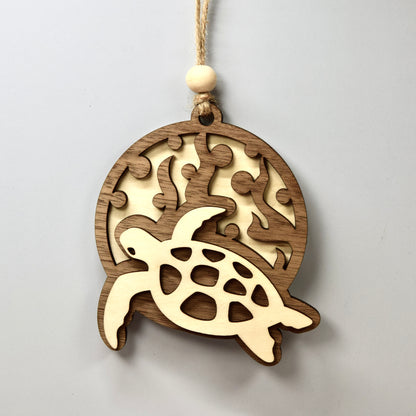 Handmade 3-Layer Wood Ornament – Rustic Basswood & Walnut - Sea Turtle