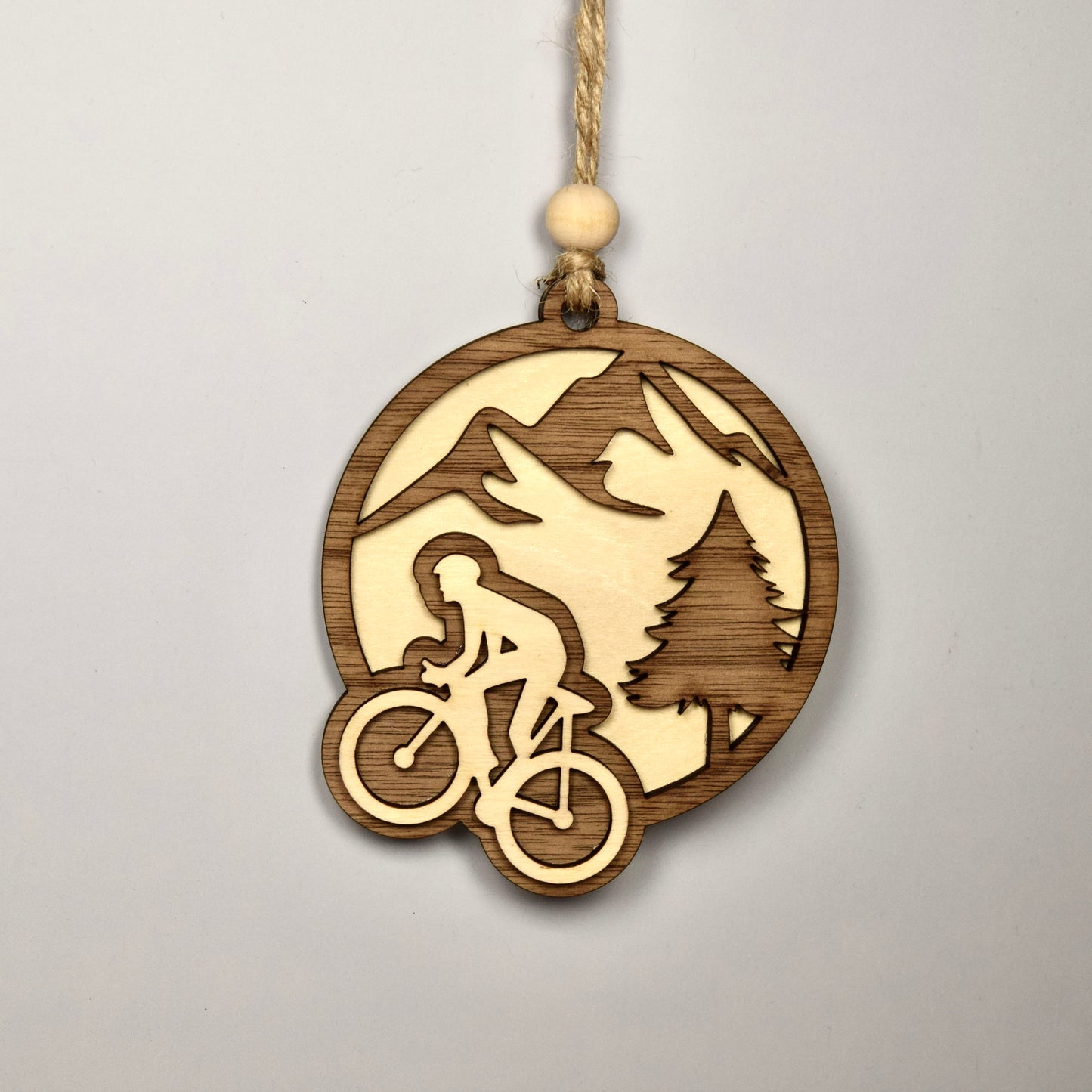 Handmade 3-Layer Wood Ornament – Rustic Basswood & Walnut - Cyclist