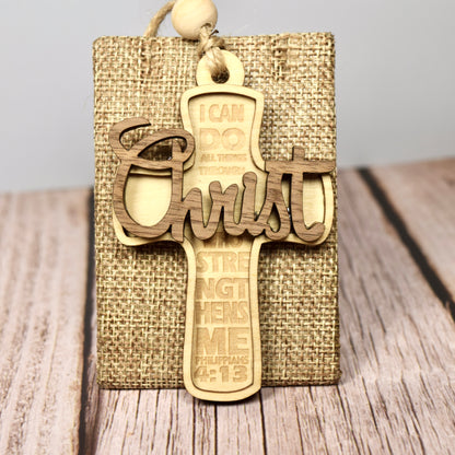 Layered Wood Cross Ornament – Philippians 4:13, meaningful handmade piece by 606
