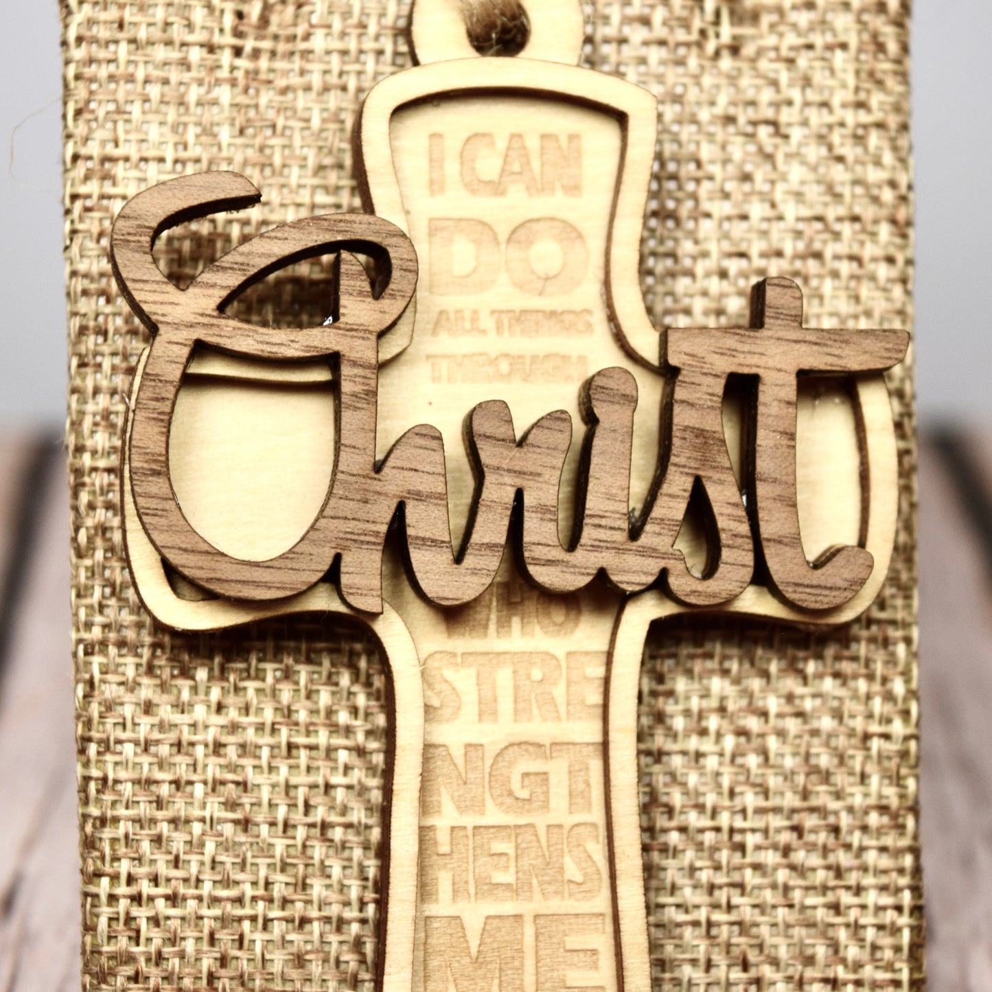Layered Wood Cross Ornament – Philippians 4:13