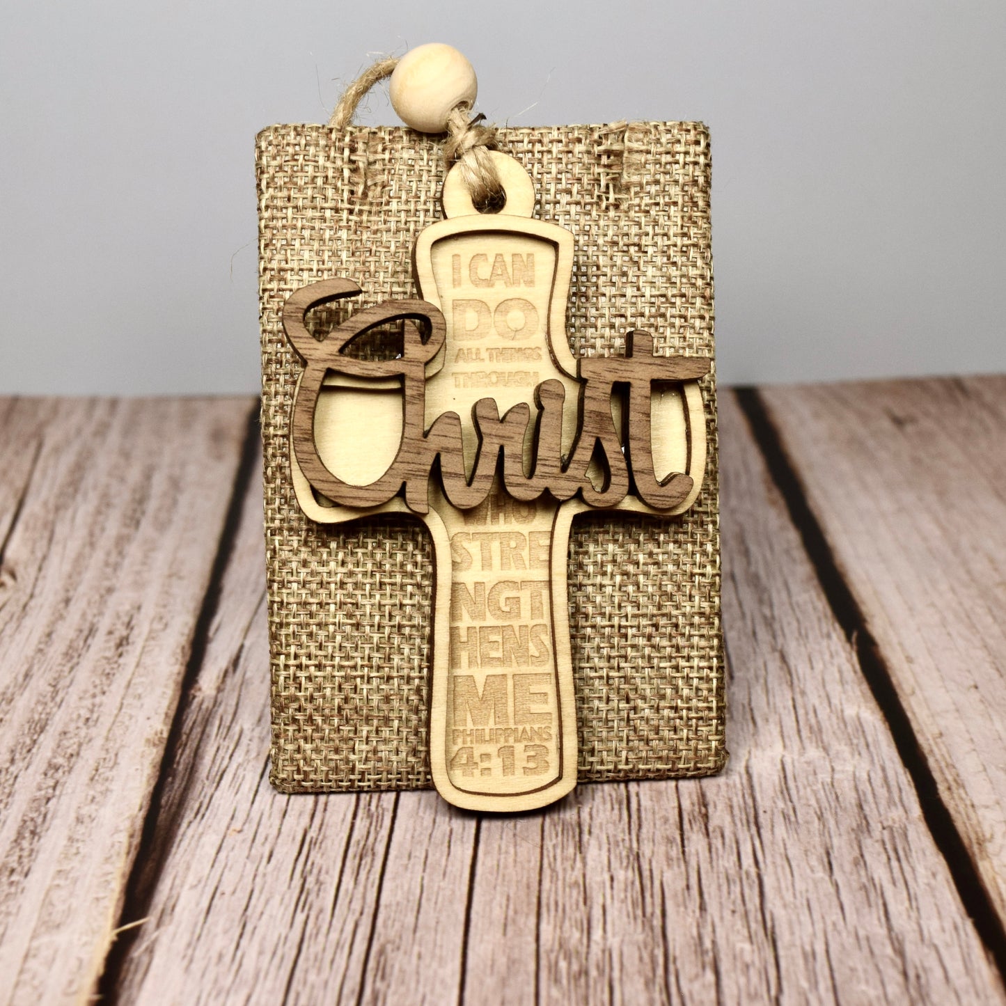 Layered Wood Cross Ornament – Philippians 4:13