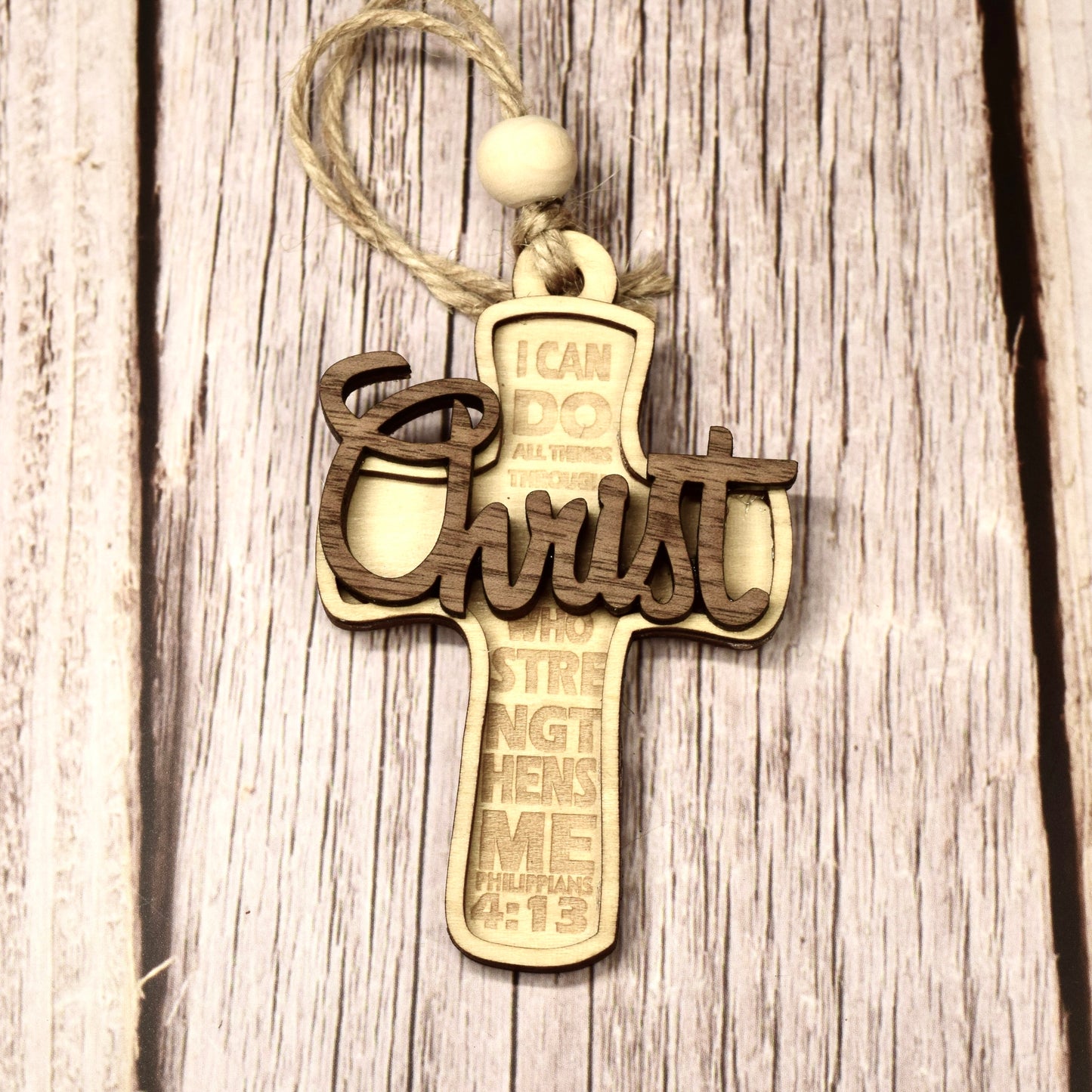 Layered Wood Cross Ornament – Philippians 4:13
