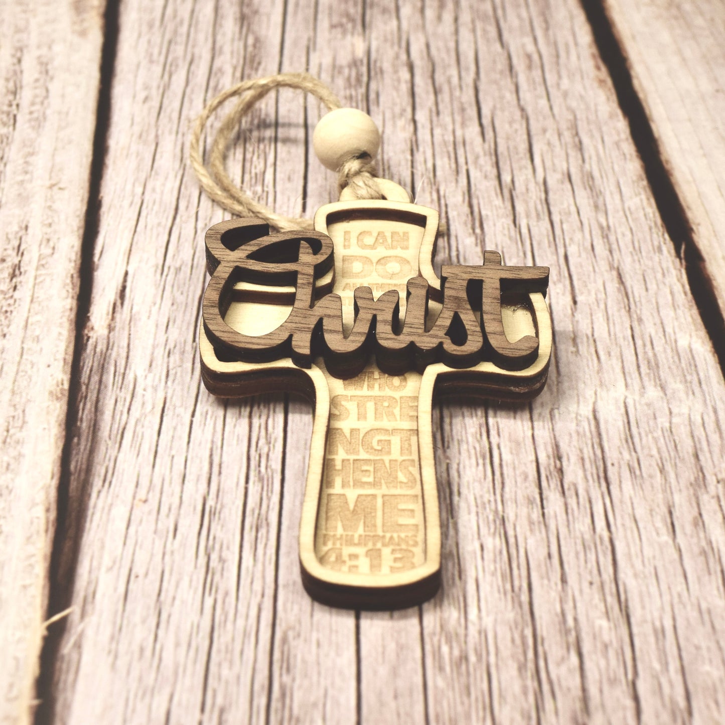Layered Wood Cross Ornament – Philippians 4:13