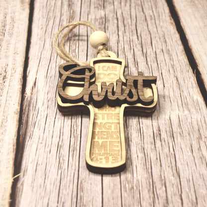Layered Wood Cross Ornament – Philippians 4:13