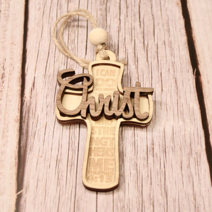 Layered Wood Cross Ornament – Philippians 4:13