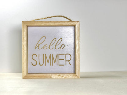 Hello Summer Wooden Decor Sign | Hand Painted Wood Wall or Shelf Sign