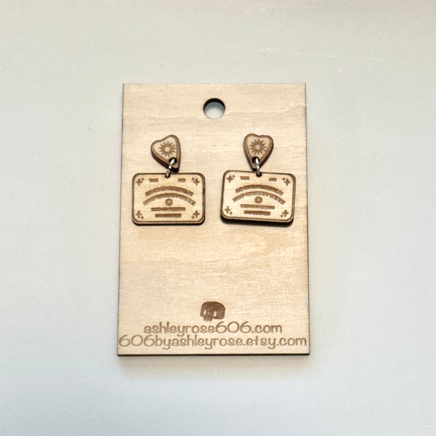 Mini Ouija Board Earrings – Handcrafted Engraved Wood Planchette & Board Dangle