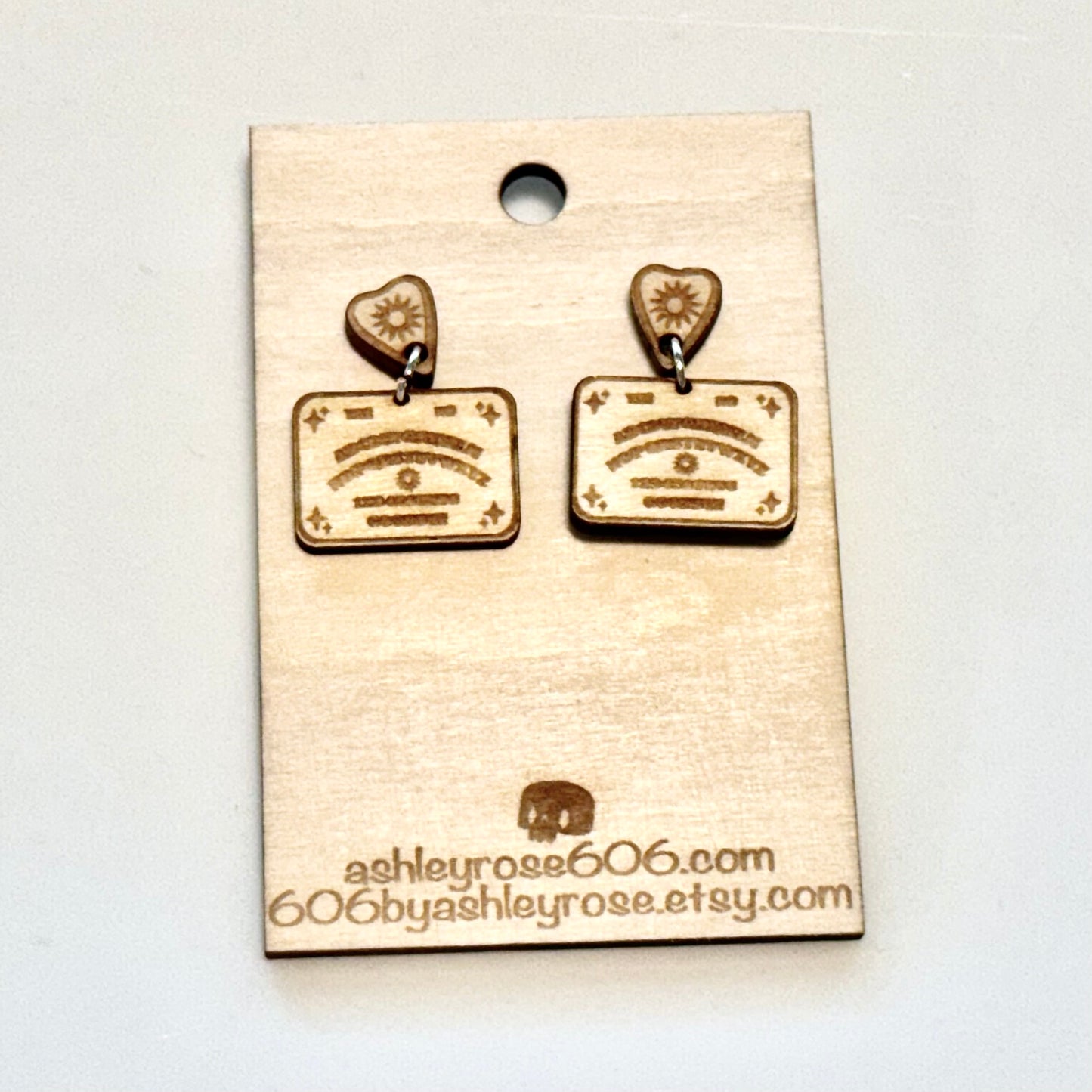 Mini Ouija Board Earrings – Handcrafted Engraved Wood Planchette & Board Dangle