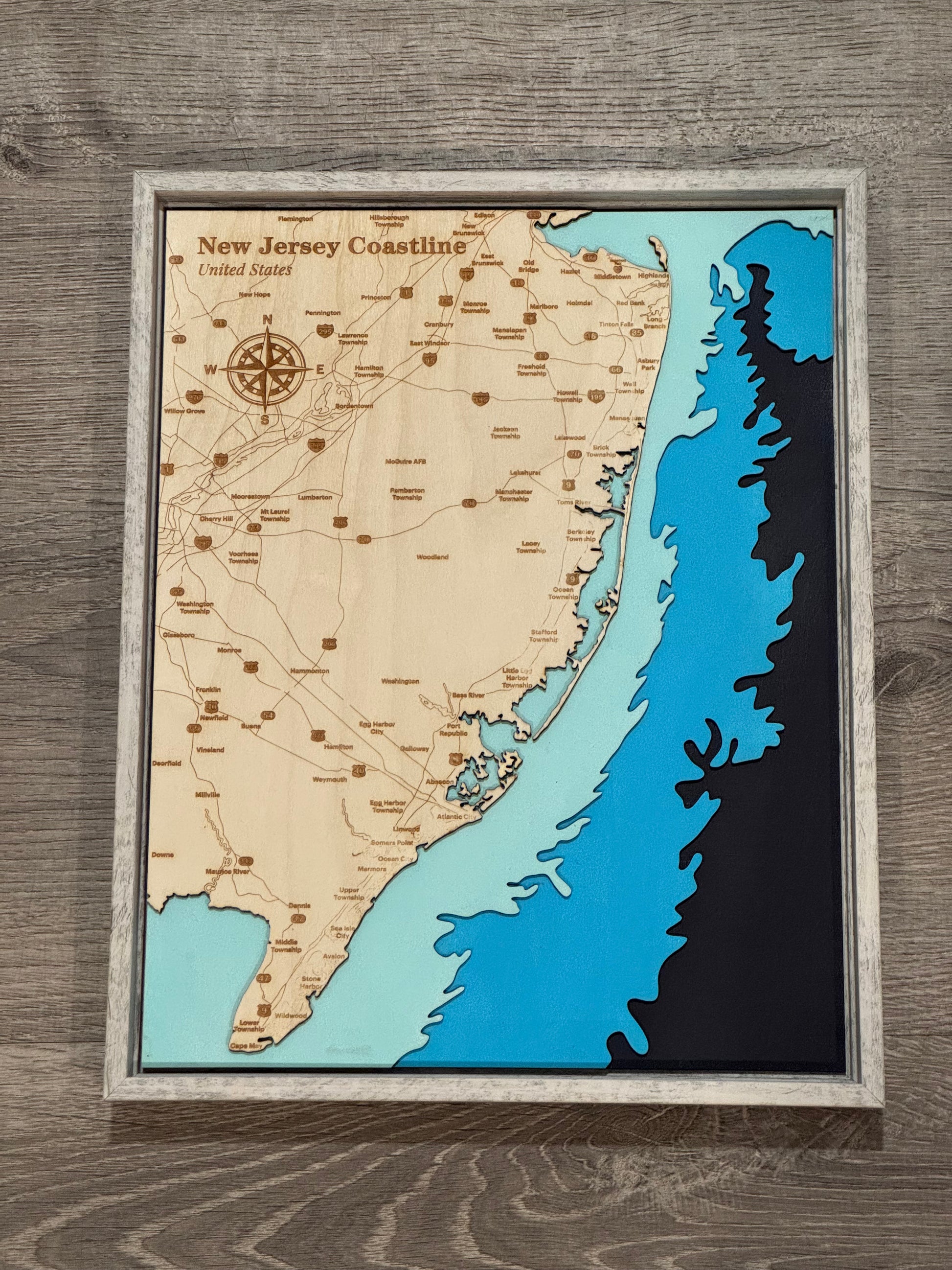 NJ Coastline Map 3D Layered Wood Art, meaningful handmade piece by 606