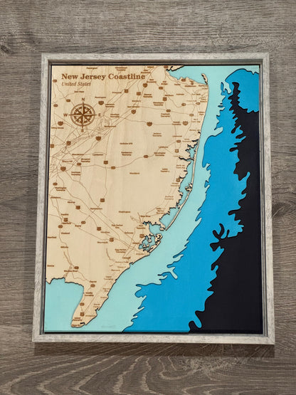 NJ Coastline Map 3D Layered Wood Art, meaningful handmade piece by 606