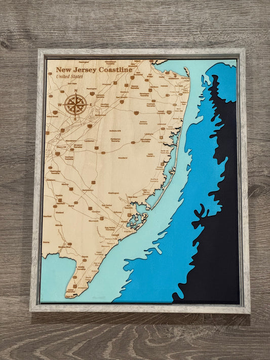 NJ Coastline Map 3D Layered Wood Art