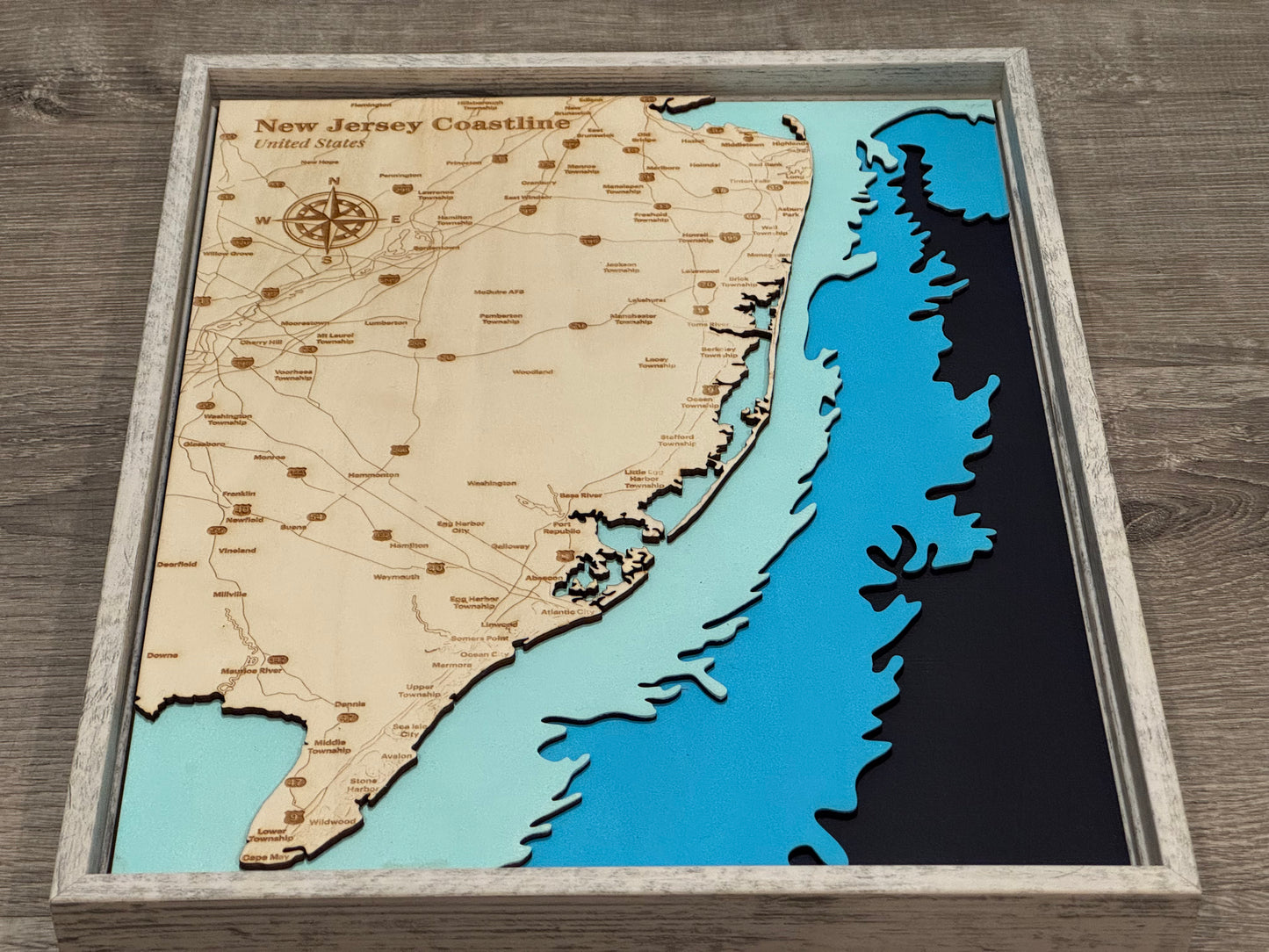 NJ Coastline Map 3D Layered Wood Art
