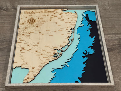 NJ Coastline Map 3D Layered Wood Art