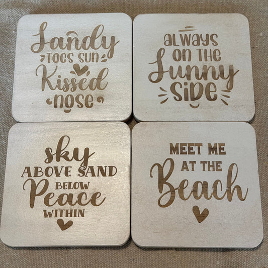 Sandy Toes Sunkissed Nose -White Hand Painted & Engraved Wood Coaster Sets