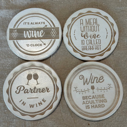 It's Always Wine O'clock Hand Painted & Engraved Wood Coaster Set, meaningful handmade piece by 606