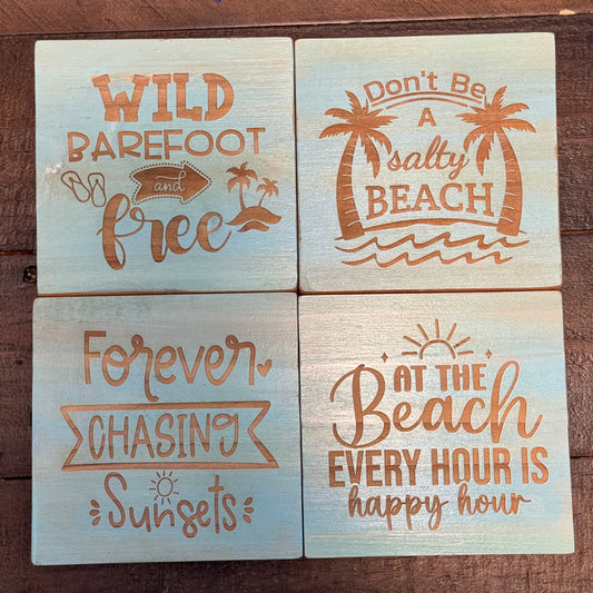 Wild Barefoot & Free Hand Painted & Engraved Wood Coaster Set
