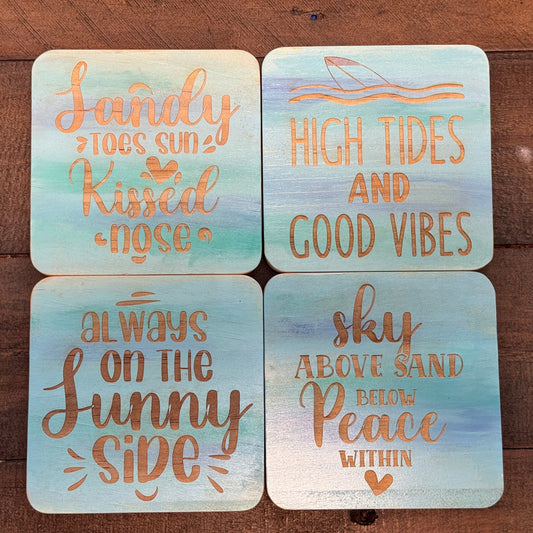 Sandy Toes Sun Kissed Nose -Blue Hand Painted & Engraved Wood Coaster Set