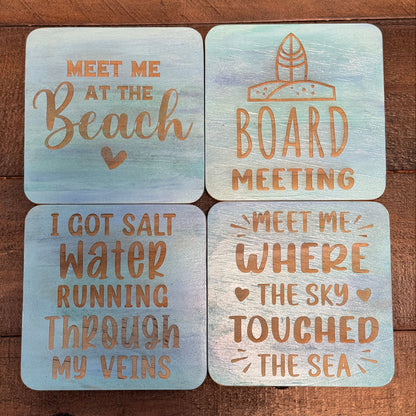 Meet Me At The Beach Hand Painted & Engraved Wood Coaster Set, meaningful handmade piece by 606