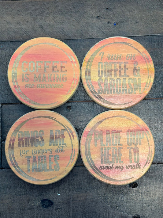 Coffee Is Making Me Awesome Hand Painted & Engraved Wood Coaster Set