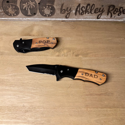 Custom Engraved Pocket Utility Knife Custom Engraved Pocket Utility Knife – Personalized Wood Handle EDC Gift for Him