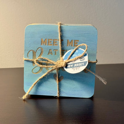 Meet Me At The Beach Hand Painted & Engraved Wood Coaster Set