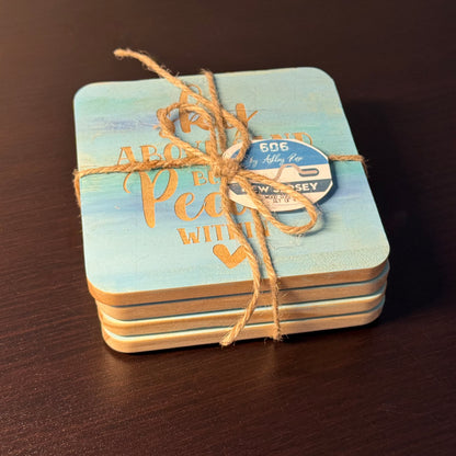Sandy Toes Sun Kissed Nose -Blue Hand Painted & Engraved Wood Coaster Set