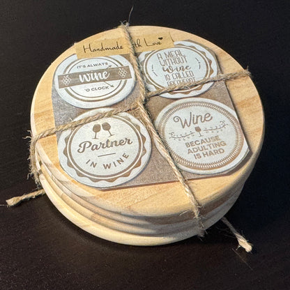 It's Always Wine O'clock Hand Painted & Engraved Wood Coaster Set