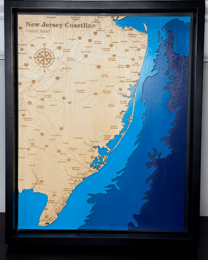 NJ Coastline Map 3D Layered Wood Art