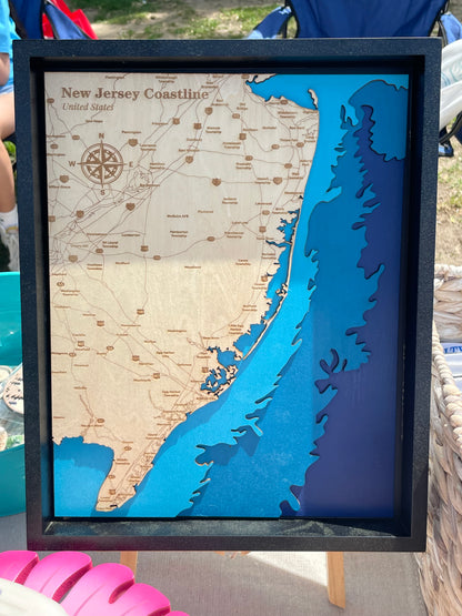 NJ Coastline Map 3D Layered Wood Art