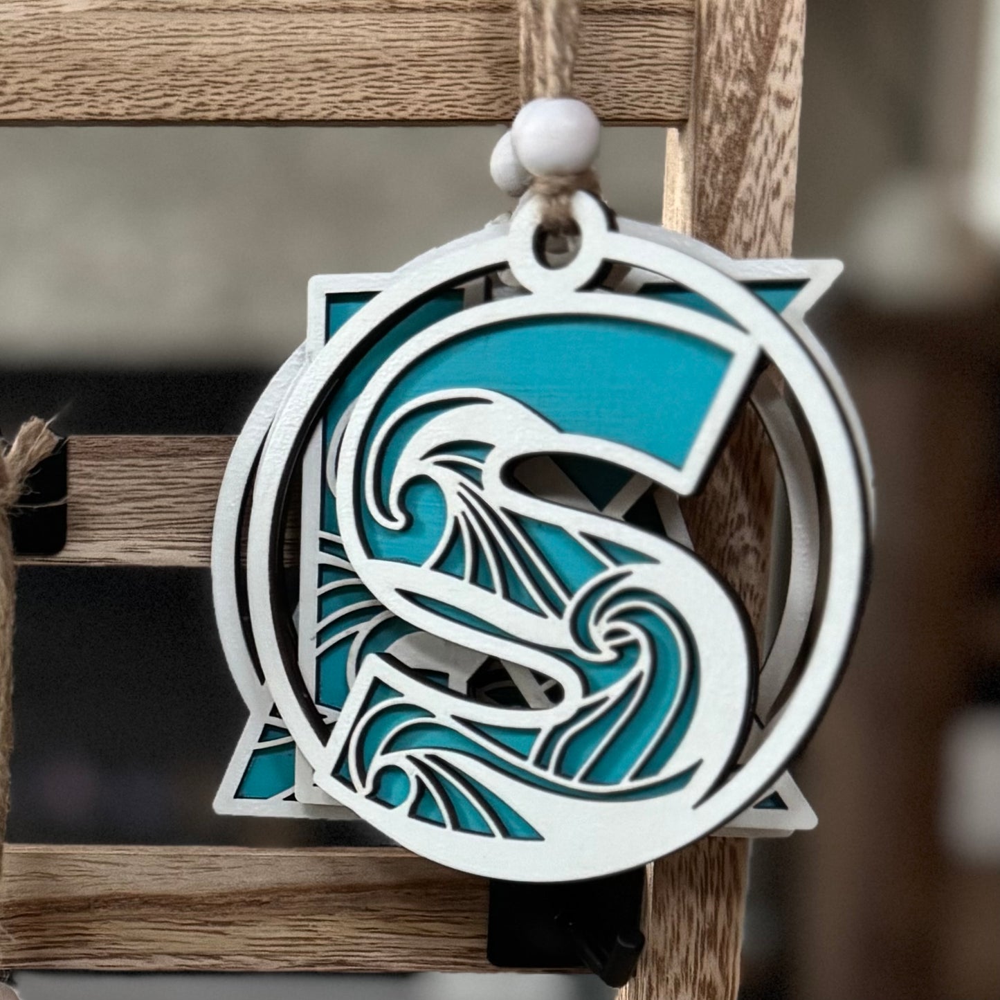 Ocean Wave Letter Ornament S in Island Blue/White