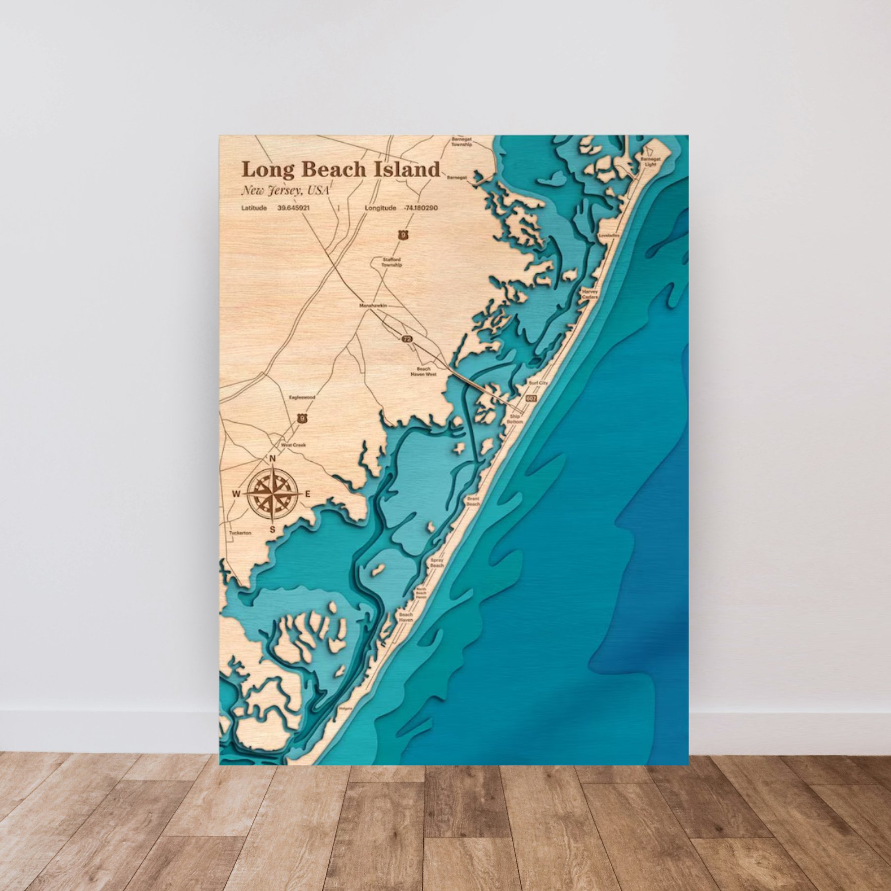Long Beach Island 3D Layered Wood Map Art, meaningful handmade piece by 606