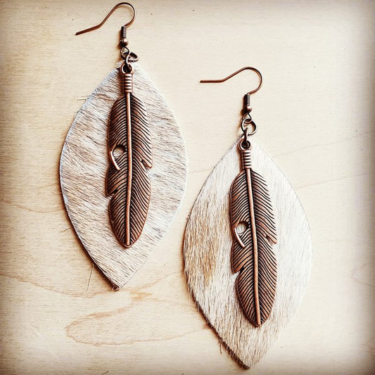 Leather Earrings with Copper Feather