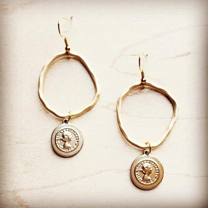 Matte Gold Hoop Earrings with Coin Dangle, meaningful handmade piece by 606