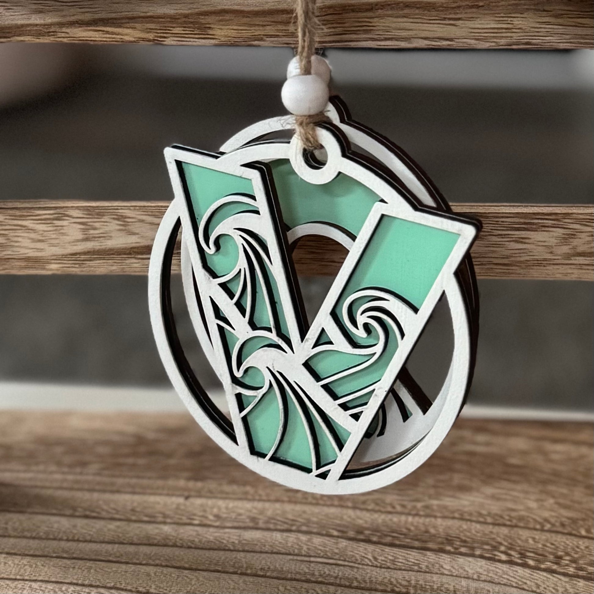Ocean Wave Letter Ornament V in Minted Aqua/White