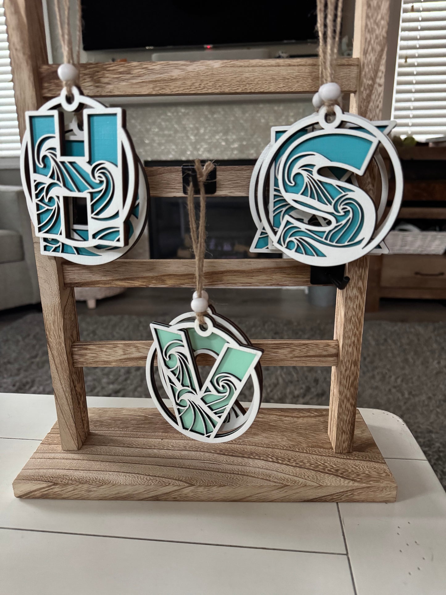 Handpainted Wave Letter Ornaments H, S, & V