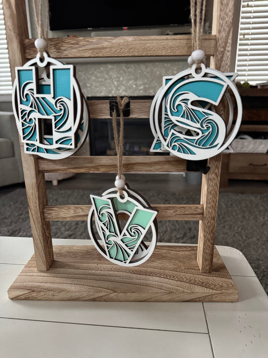 Handpainted Wave Letter Ornaments H, S, & V
