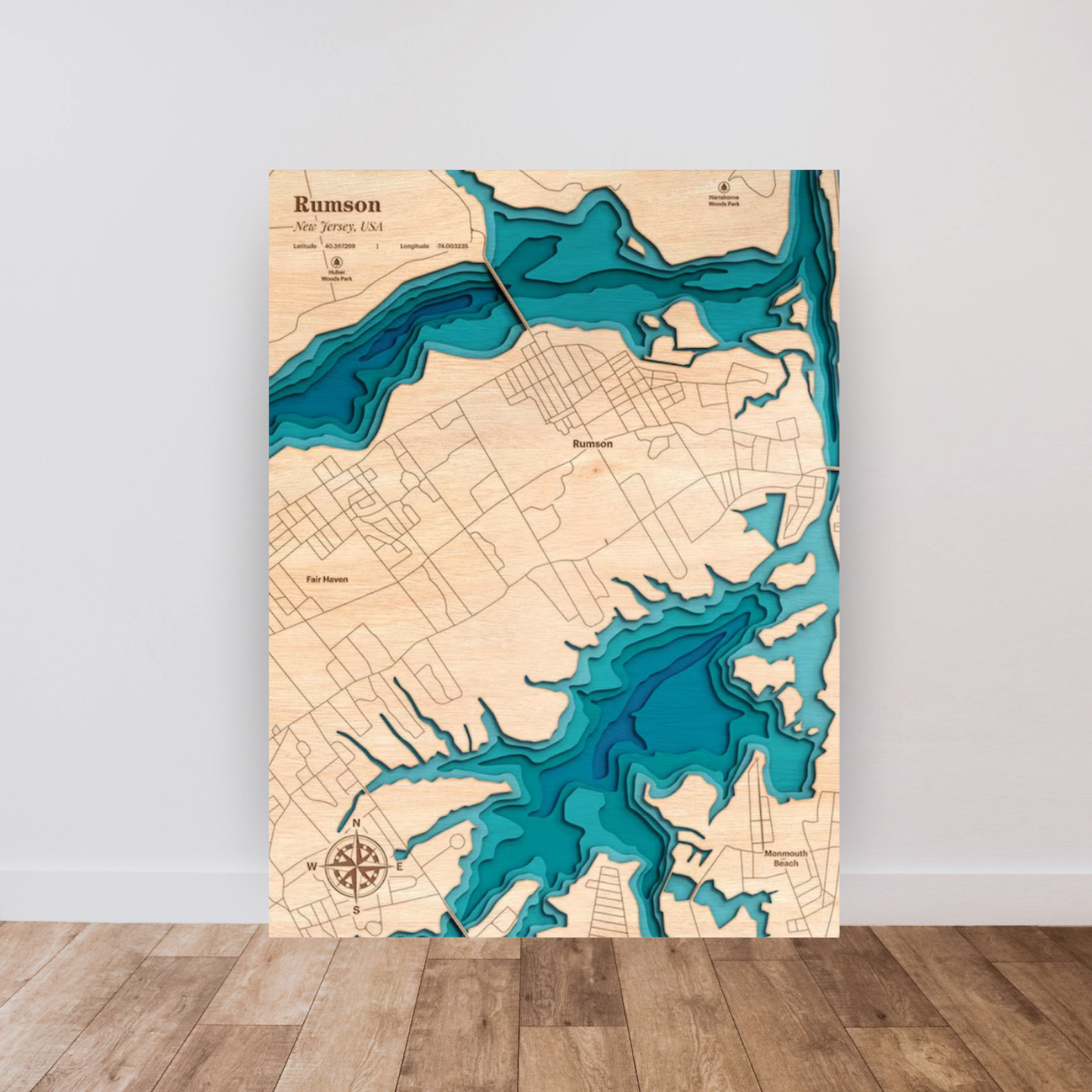 Rumson 3D Layered Wood Map Art, meaningful handmade piece by 606