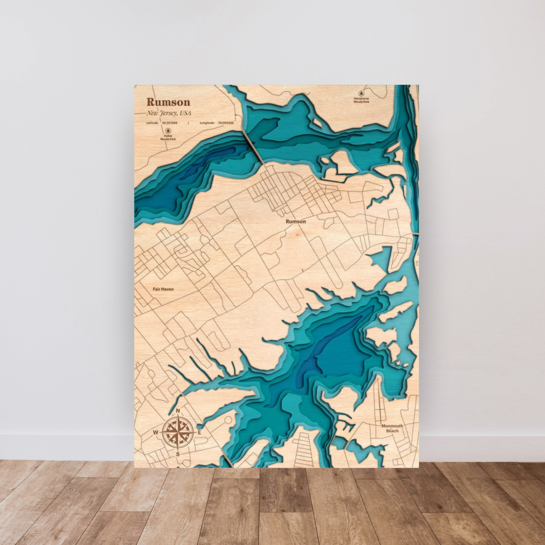 Rumson 3D Layered Wood Map Art, meaningful handmade piece by 606