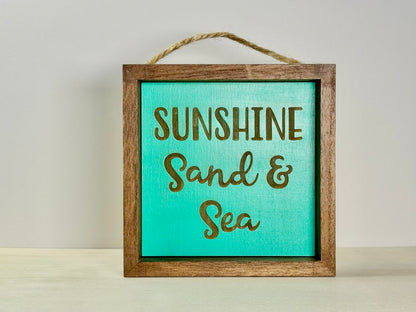 Sunshine Sand & Sea Wooden Decor Sign | Hand Painted Wood Shelf Sign