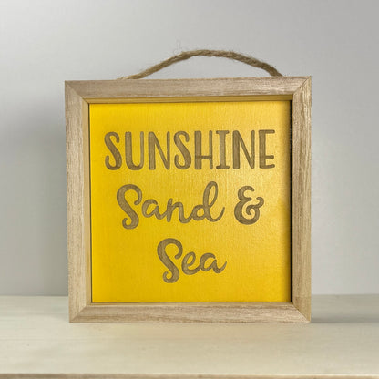 Sunshine Sand & Sea Wooden Decor Sign | Hand Painted Wood Shelf Sign