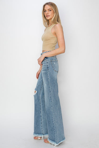 Mid Rise Button Fly Wide Leg Jeans