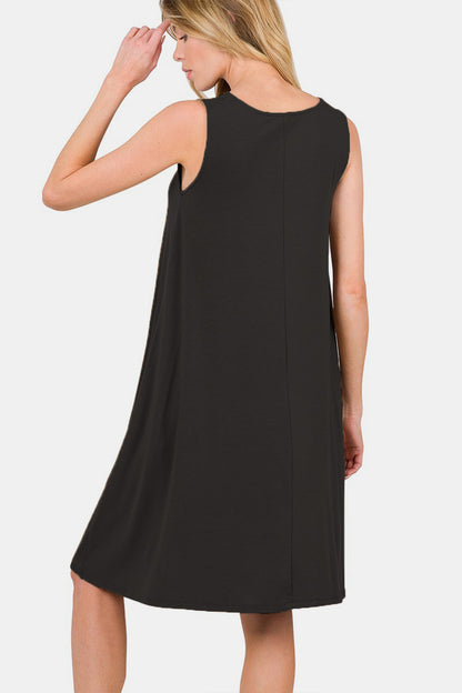 Zenana Sleeveless Flared Dress with Side Pockets