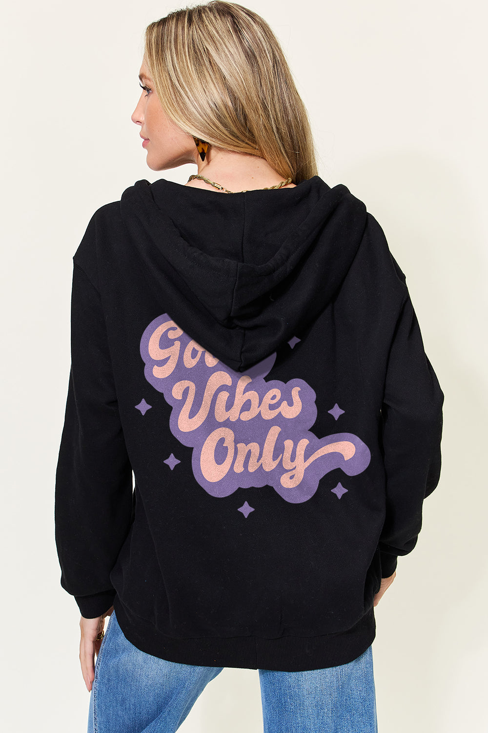 GOOD VIBES ONLY Graphic Zip-Up Hoodie with Pockets