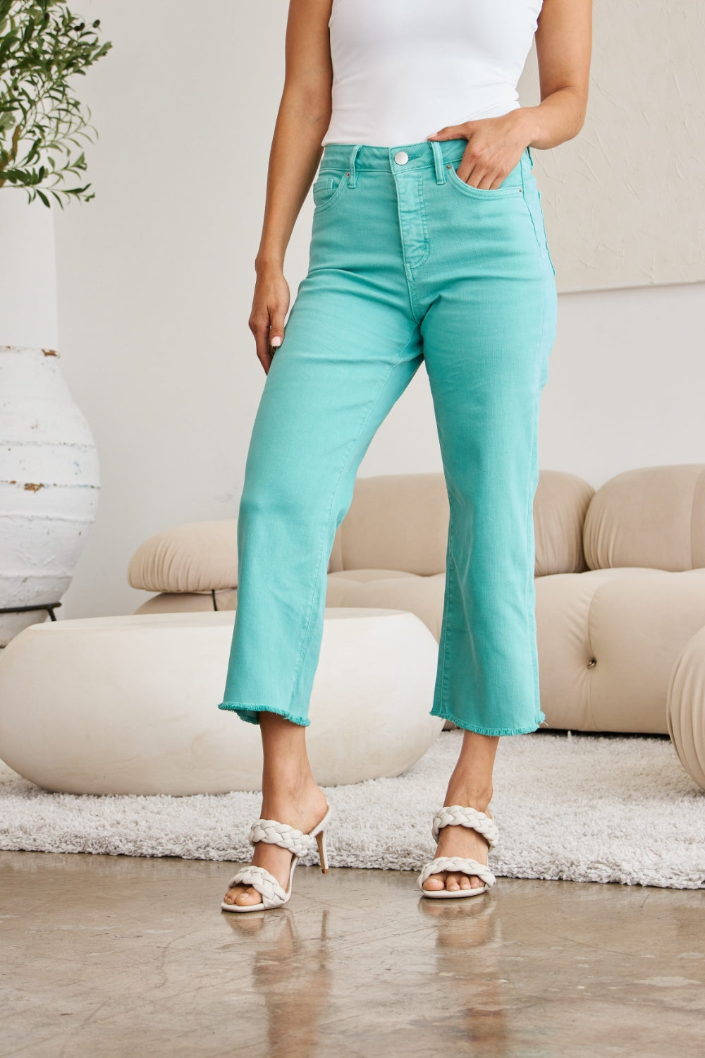 RFM Crop Tummy Control High Waist Raw Hem Jeans