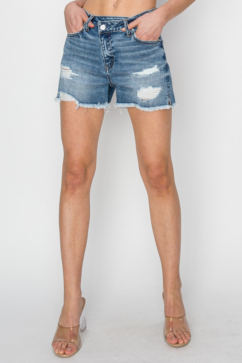 Stepped Waist Frayed Denim Shorts