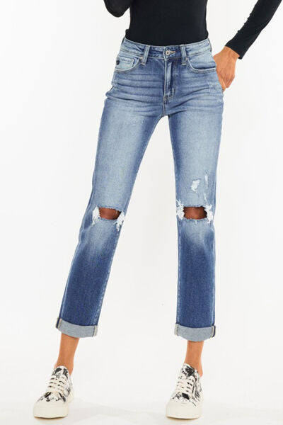 High Waist Distressed Cropped Straight Jeans