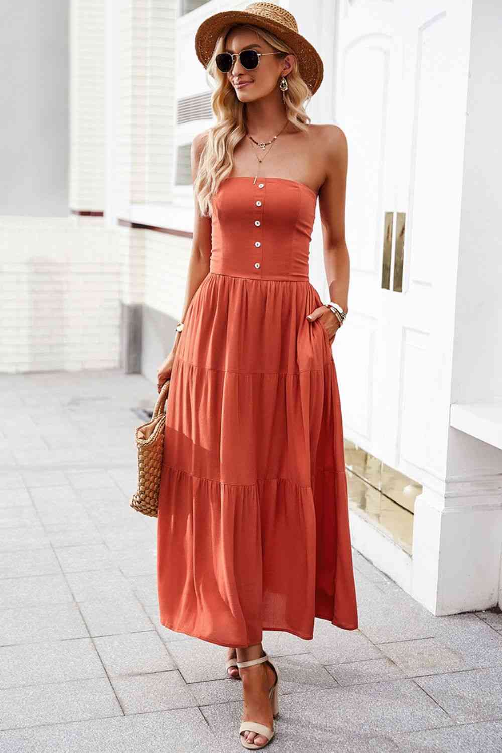 Strapless Tiered Dress with Pockets