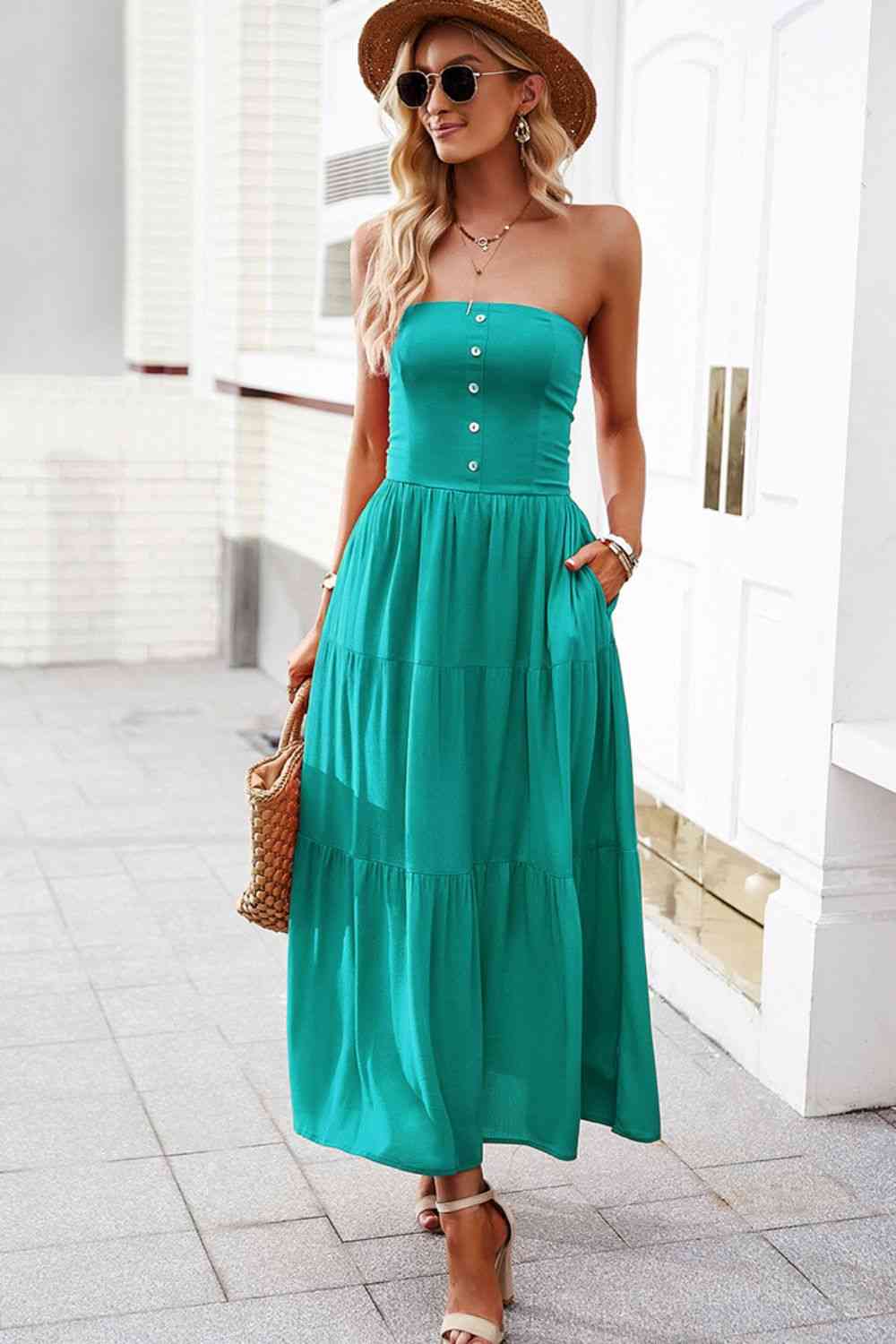 Strapless Tiered Dress with Pockets